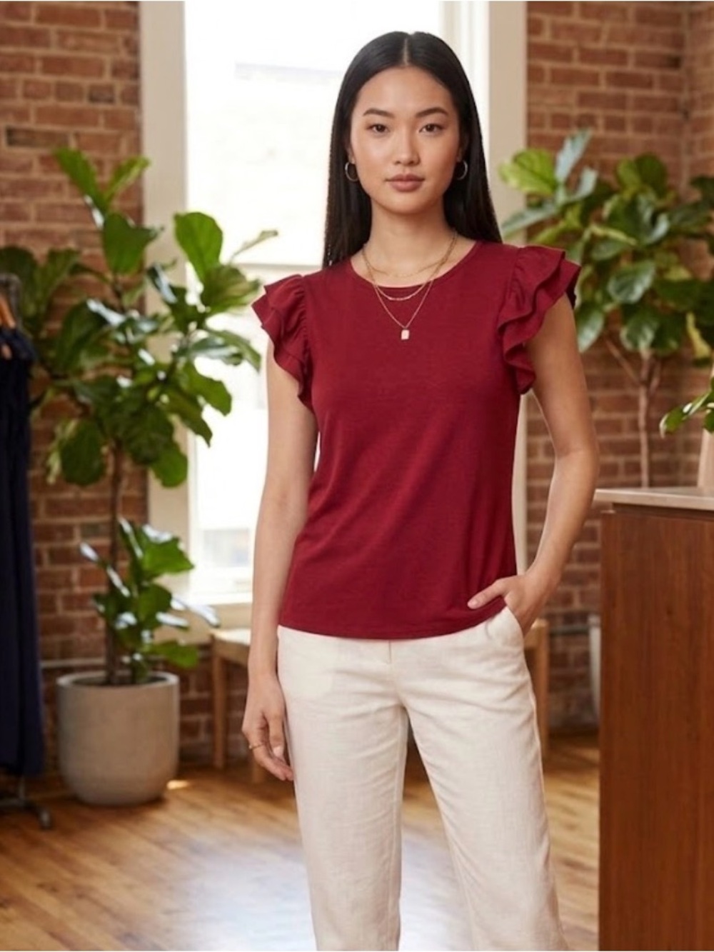 Marc New York Red Ruffle Sleeve Knit Top Crew Neck Blouse - Size Large